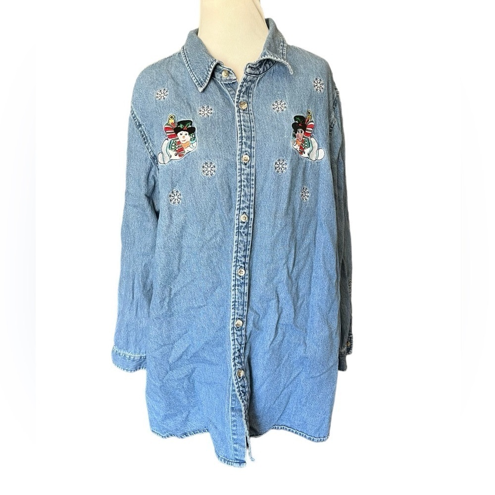 VTG Christopher Radko holiday Button Down Long Sleeve Denim Shirt W/ Embroidery